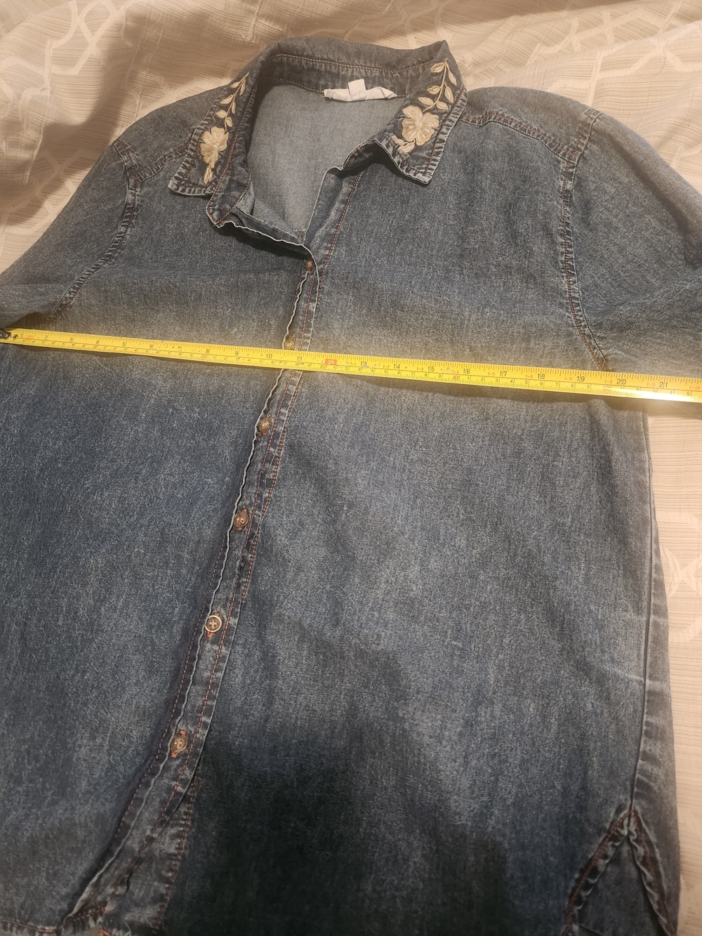 Embroidered Collar Dark Denim Button-Up Shirt - Picture 6 of 6